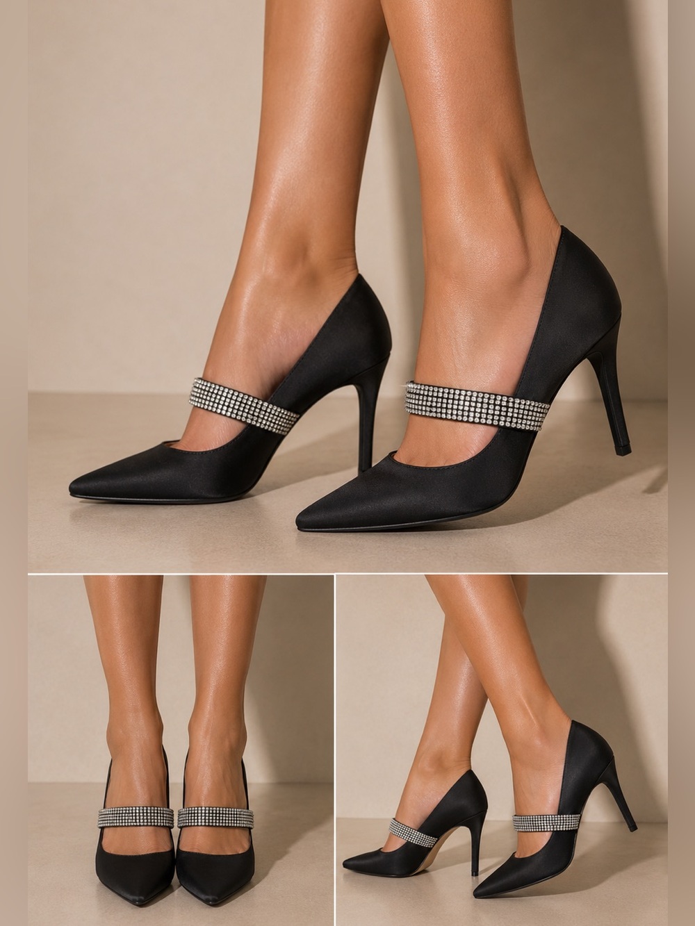 Adrienne Vittadini Notion Black Rhinestone Strap Pumps Heels Size 7.5
